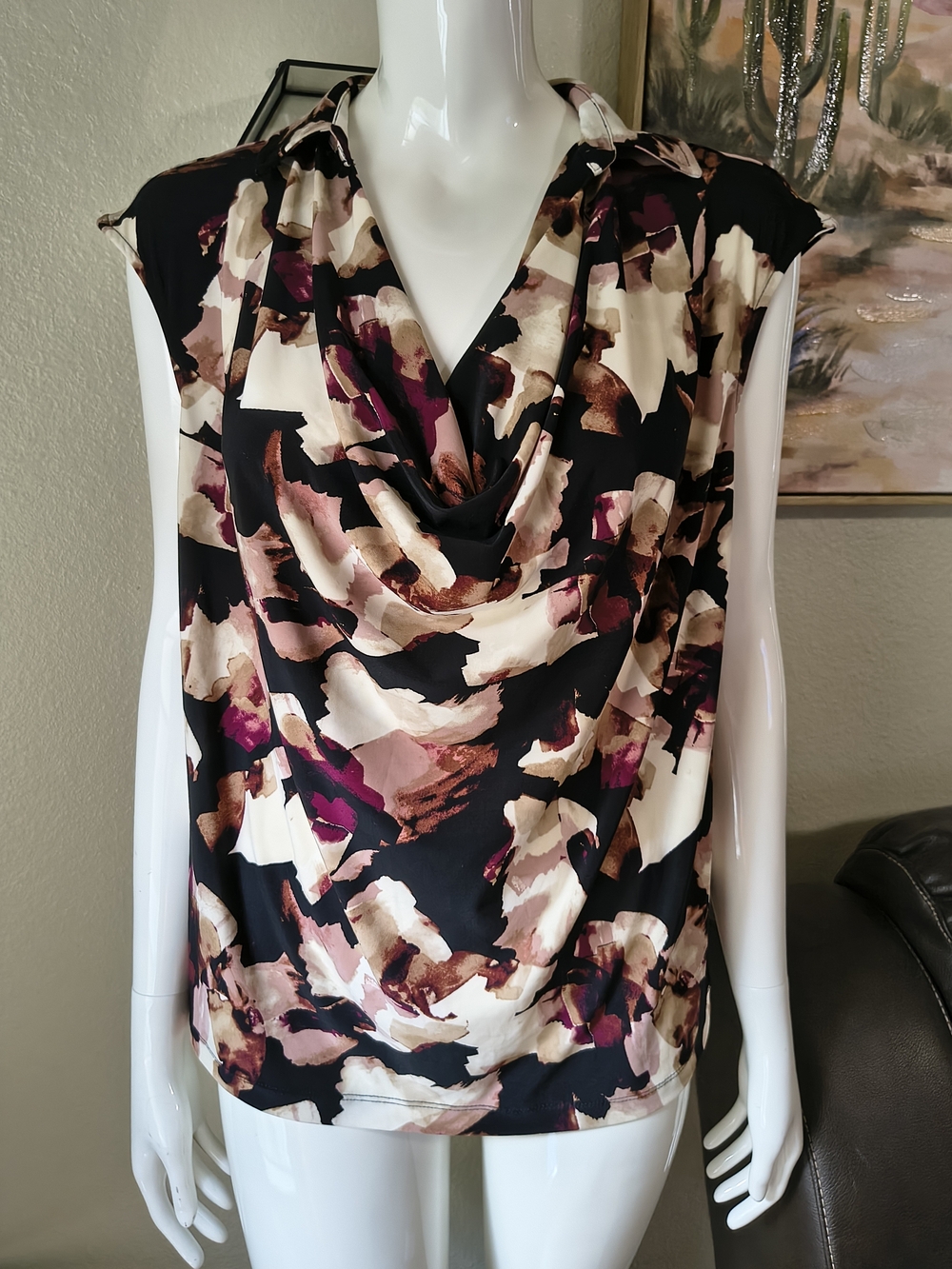 Anne Klein Abstract Floral Cowl Neck Sleeveless Blouse Black Multi Size XL